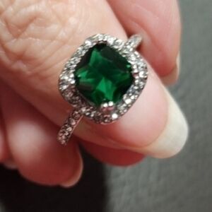 Silvertone Ring with Green Stone